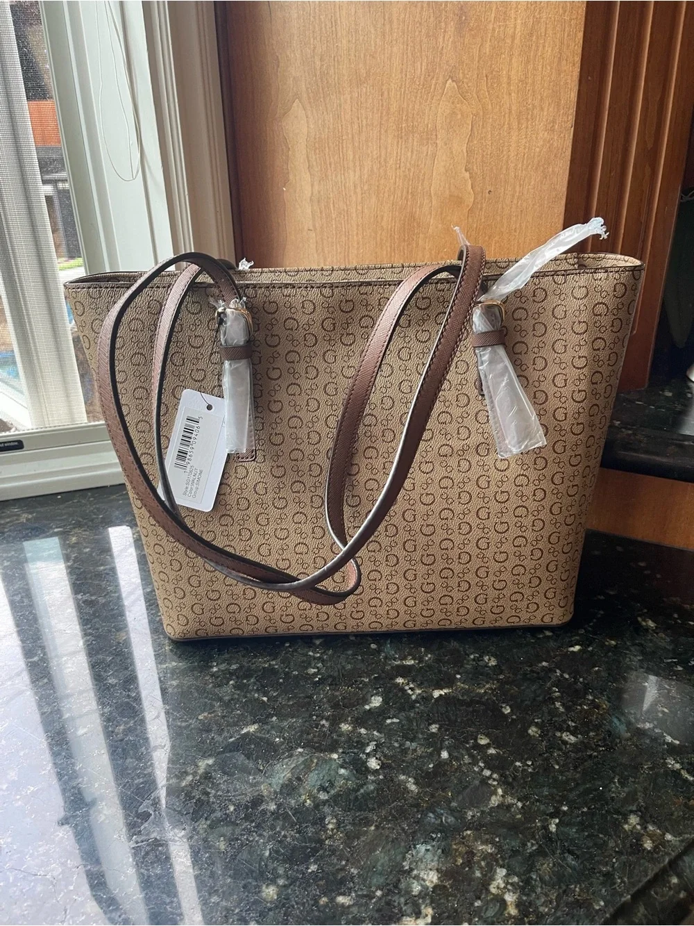 GUESS Tan/Brown Signature Logo Tote with Triangle Emblem